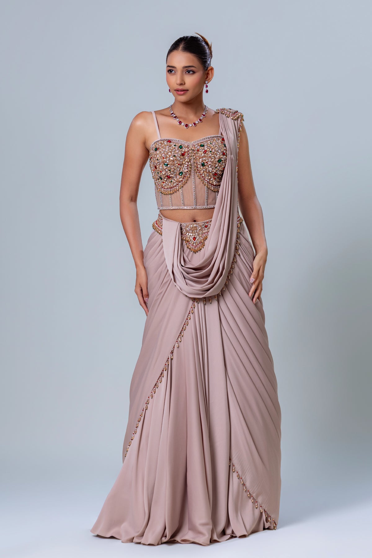 Shanaya Beige Corset Drape Saree
