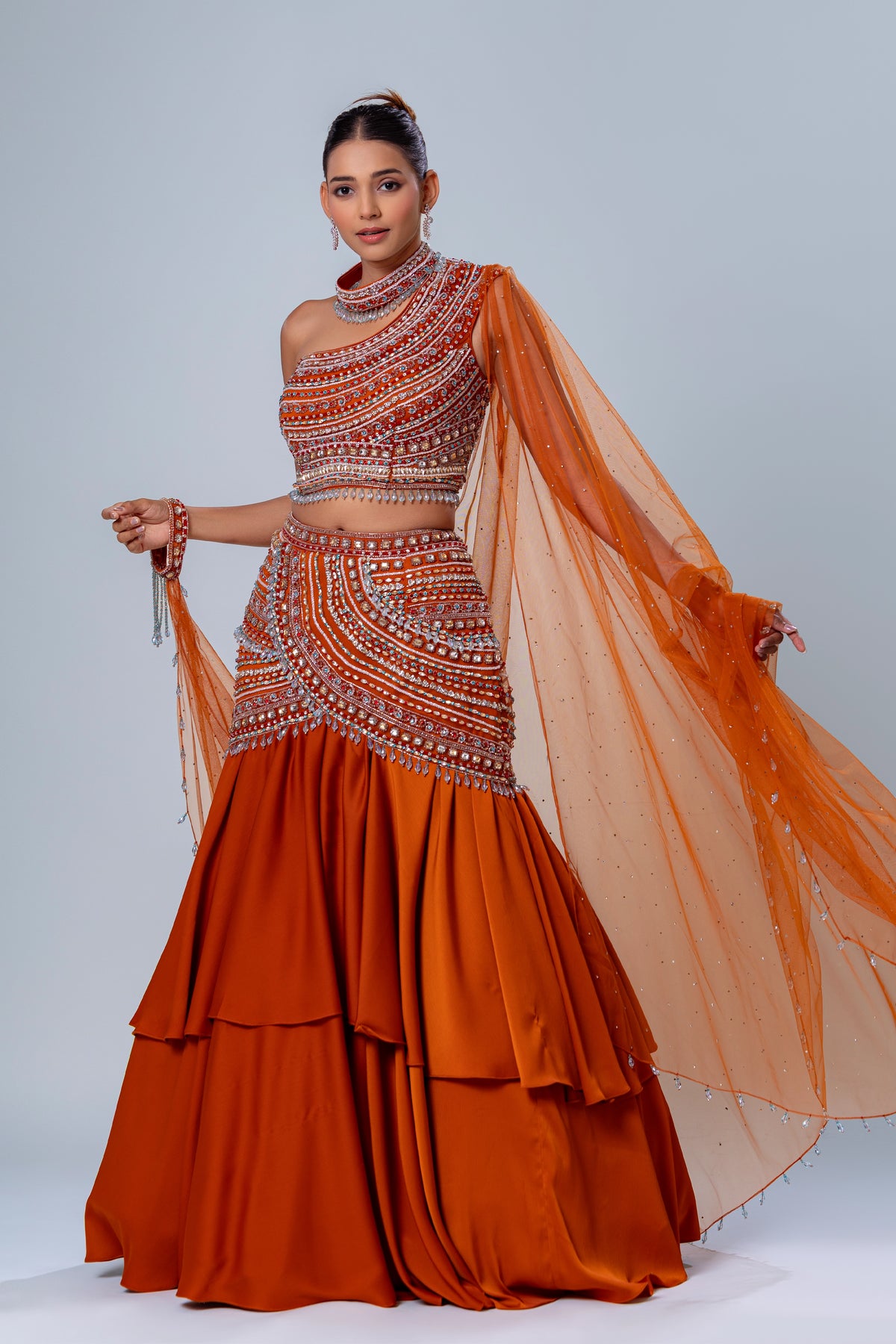 Maahera Rust One-Shoulder Skirt Set