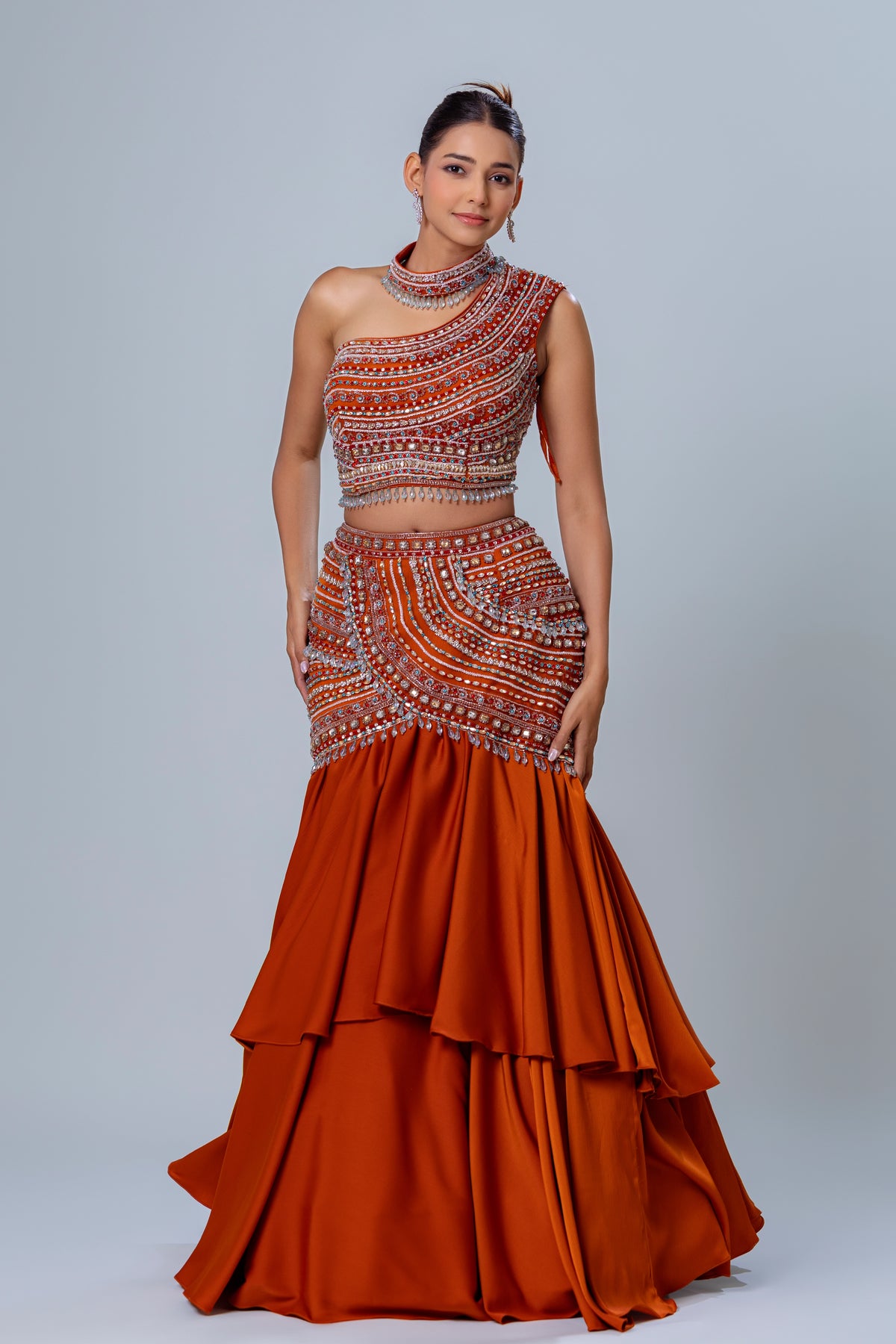 Maahera Rust One-Shoulder Skirt Set