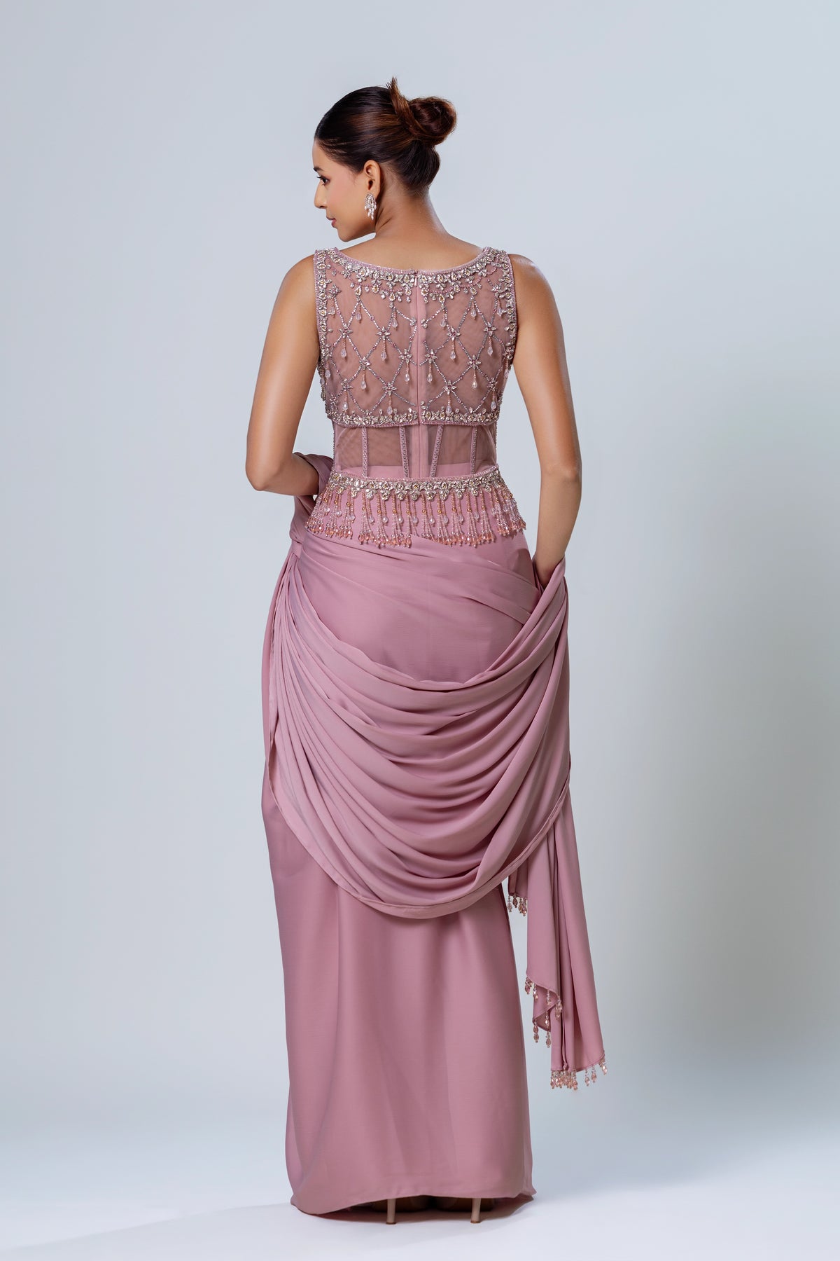 Rhea Blush Berry Corset Drape Saree