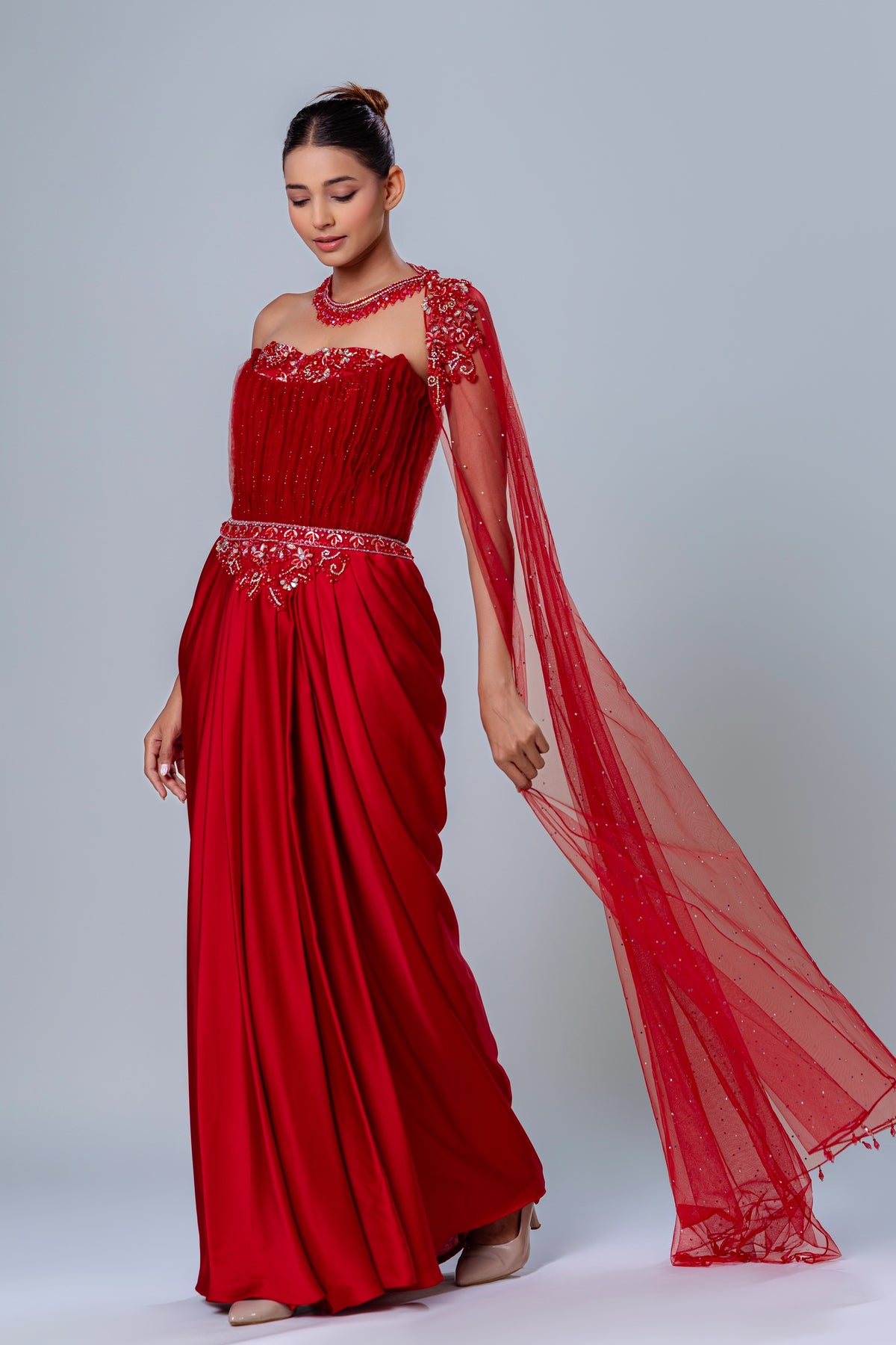 Rooh Crimson Red One-Piece Drape Saree, Roop Vatika by Raj Arora