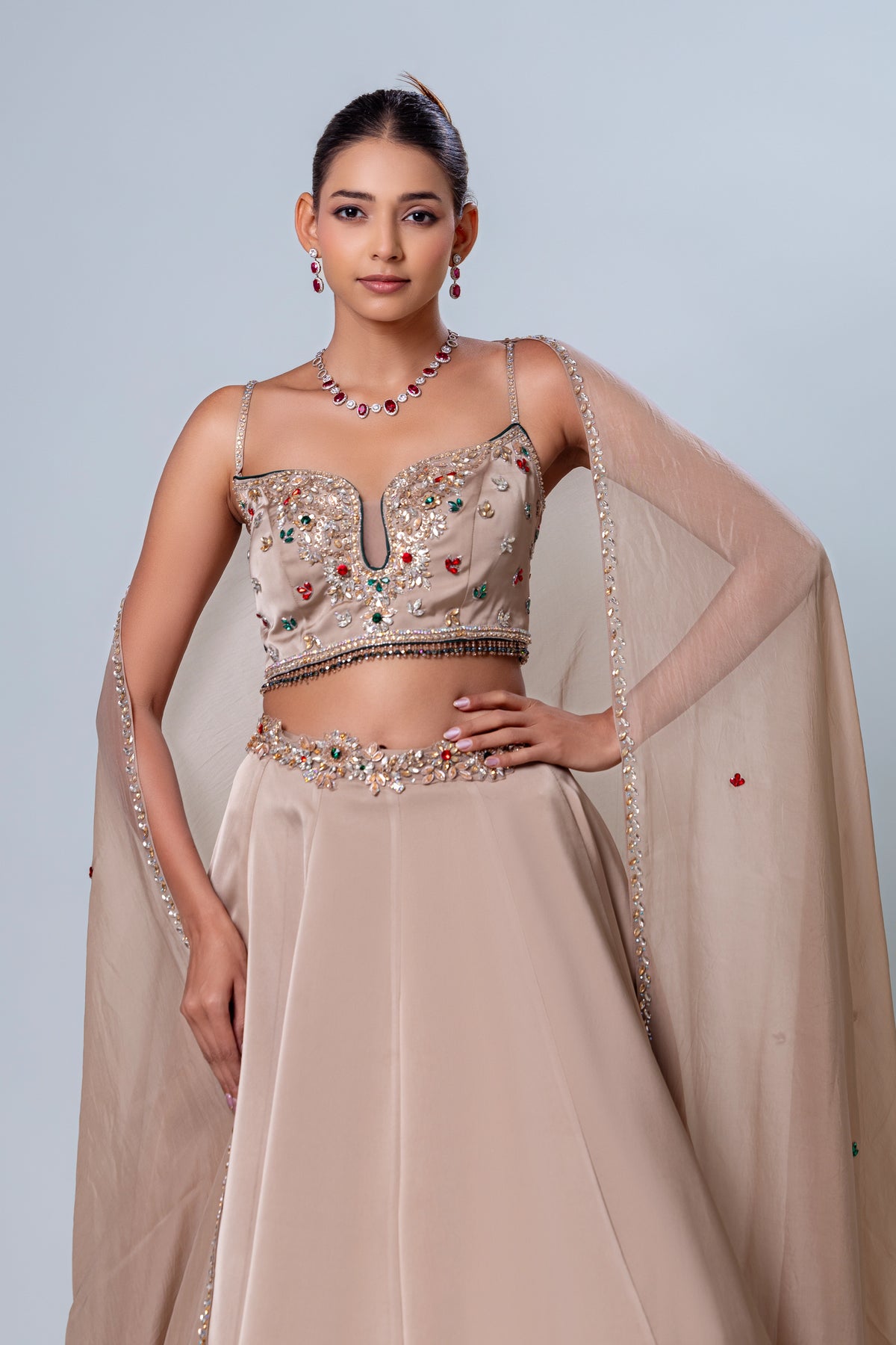 Mehar Beige Spaghetti Strap Crop Top Skirt Set