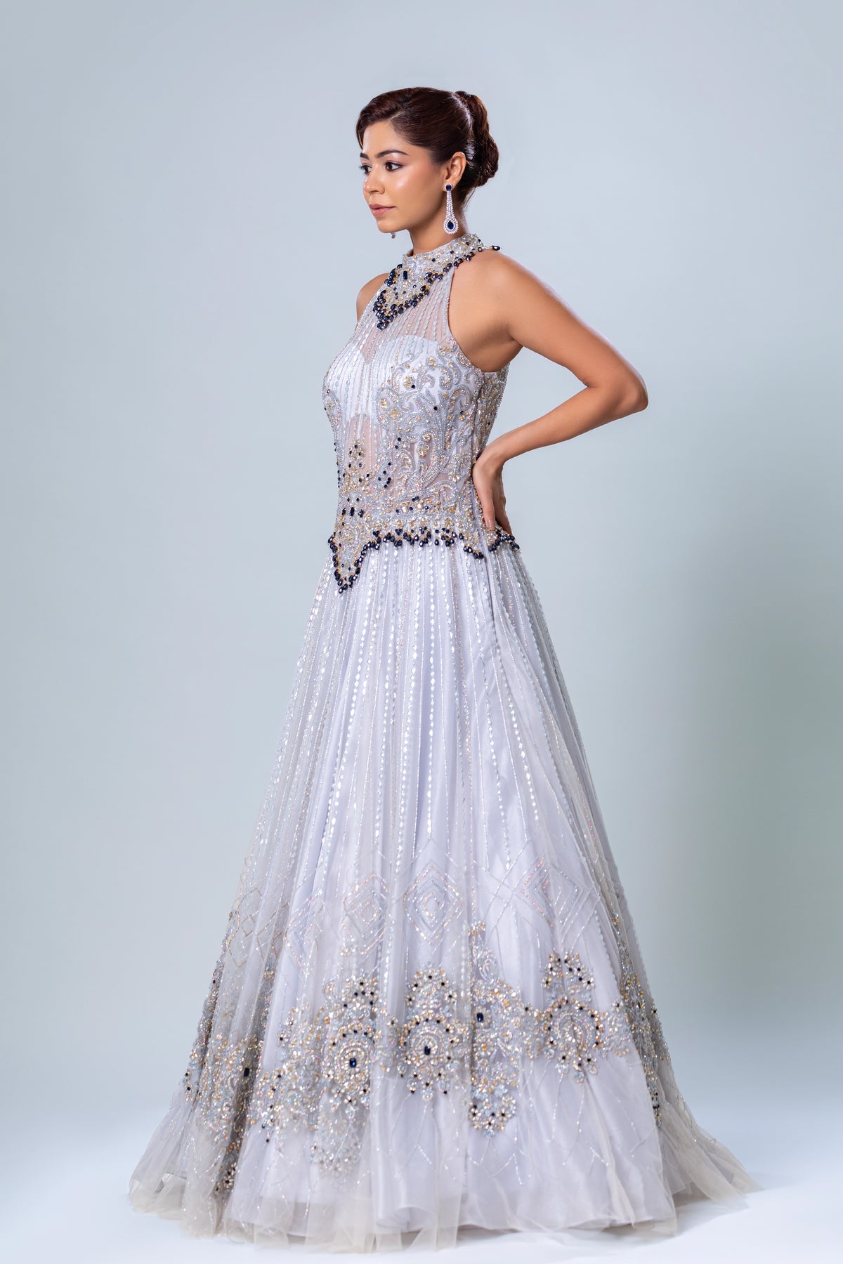 Nishat Ice Blue Metallic A-Line Gown, Roop Vatika by Raj Arora