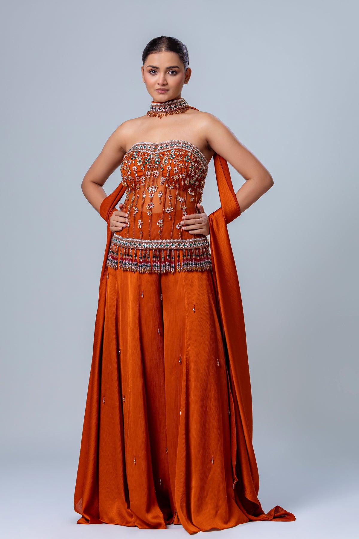 Roohi Rust Long Corset Sharara Set