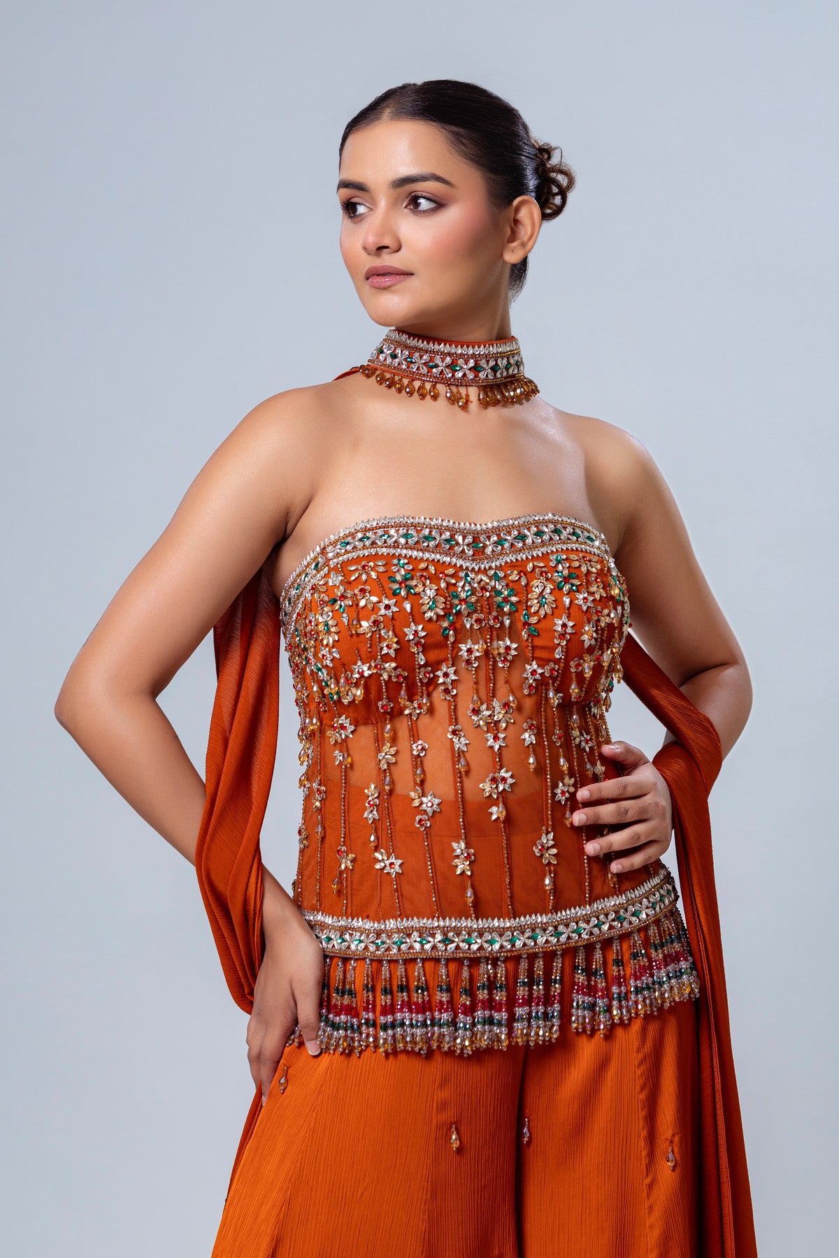 Roohi Rust Long Corset Sharara Set