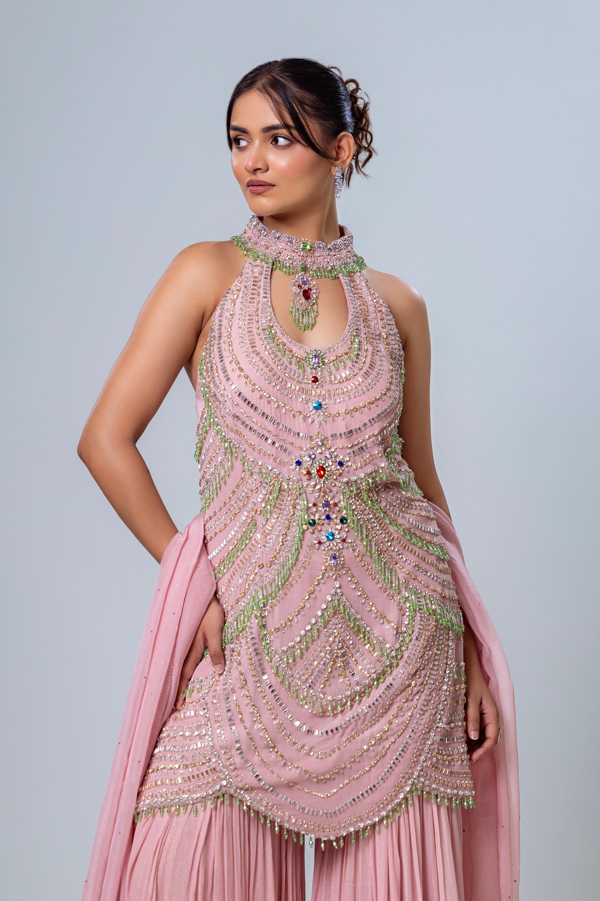 Zariya Blush Berry Halter Sharara Set