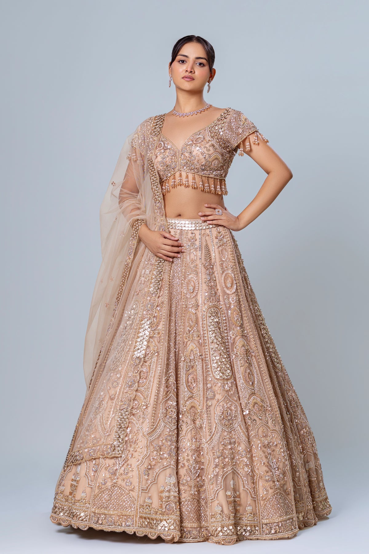 Gulfisha Rosy Peach Jharokha Lehenga Set, Roop Vatika by Raj Arora
