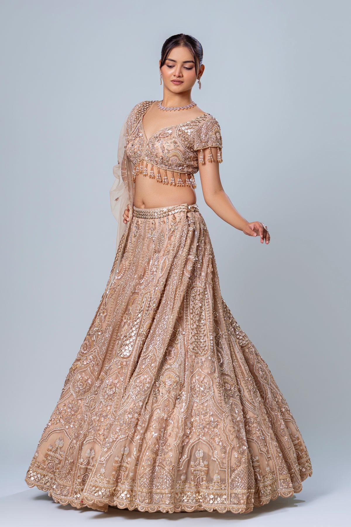 Gulfisha Rosy Peach Jharokha Lehenga Set, Roop Vatika by Raj Arora