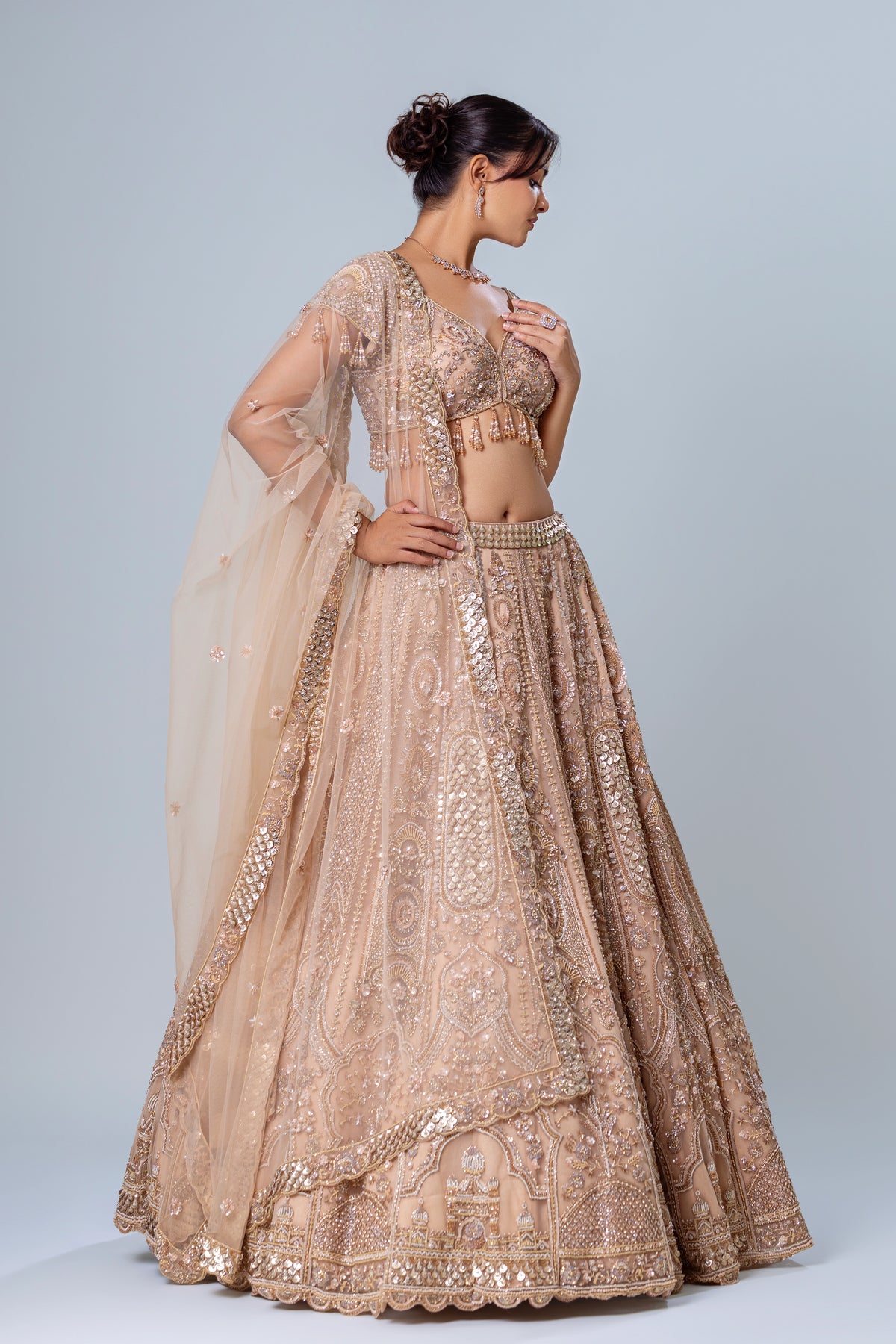 Gulfisha Rosy Peach Jharokha Lehenga Set, Roop Vatika by Raj Arora