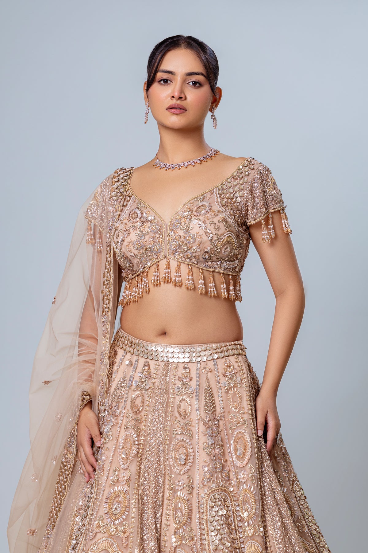 Gulfisha Rosy Peach Jharokha Lehenga Set, Roop Vatika by Raj Arora