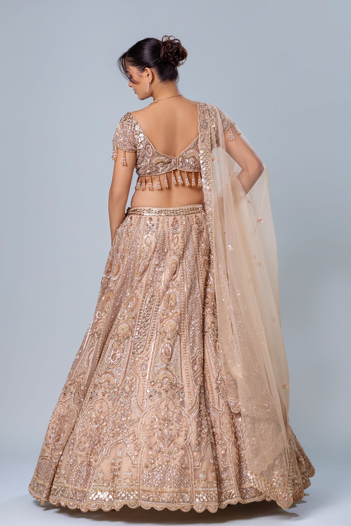 Gulfisha Rosy Peach Jharokha Lehenga Set, Roop Vatika by Raj Arora