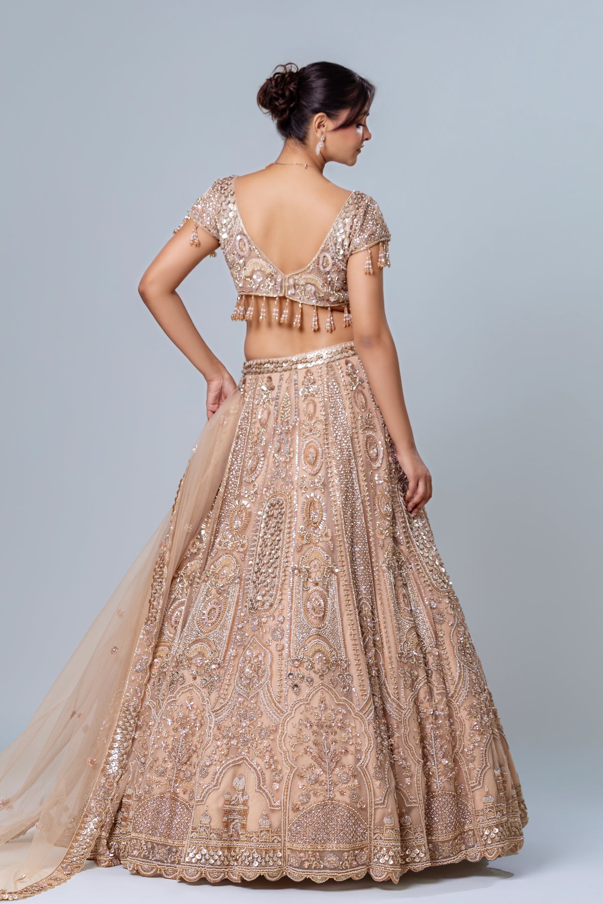 Gulfisha Rosy Peach Jharokha Lehenga Set, Roop Vatika by Raj Arora