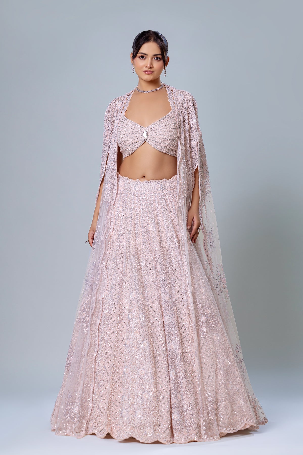 Gulnaz Powder Pink Cape Lehenga Set, Roop Vatika by Raj Arora