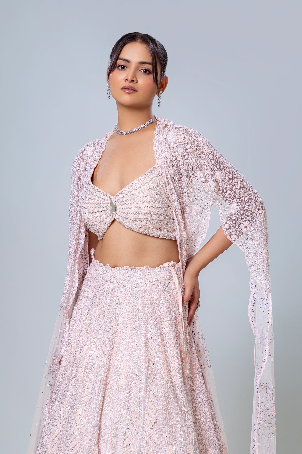 Gulnaz Powder Pink Cape Lehenga Set, Roop Vatika by Raj Arora