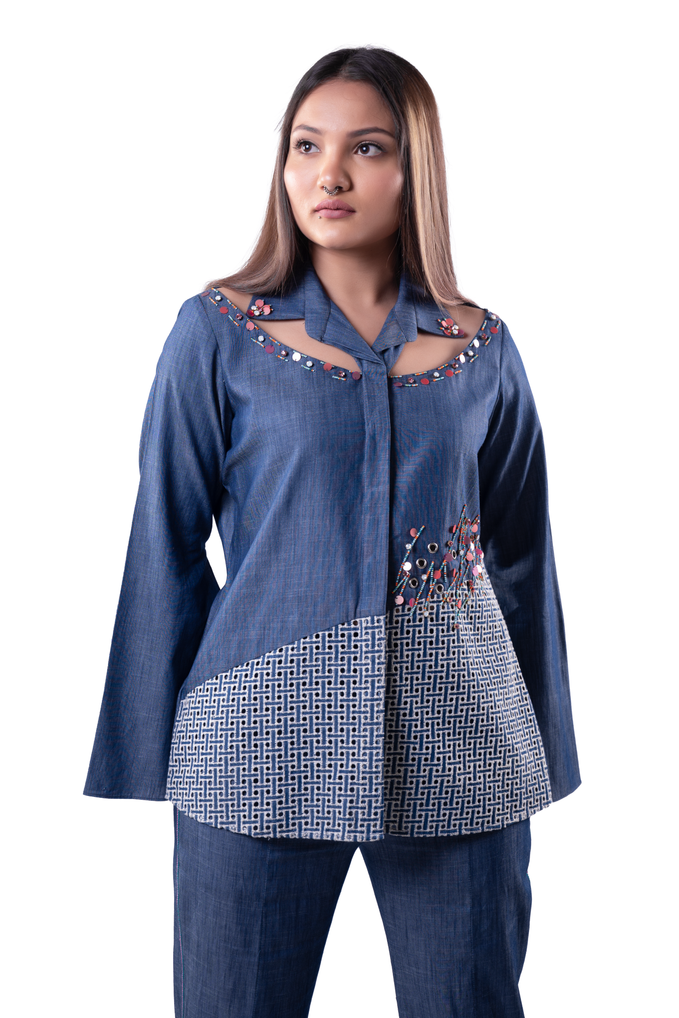 Blue denim Co-ord Set of an embellished shirt with cut out and patchwork details. Paired with matching fitted pants
