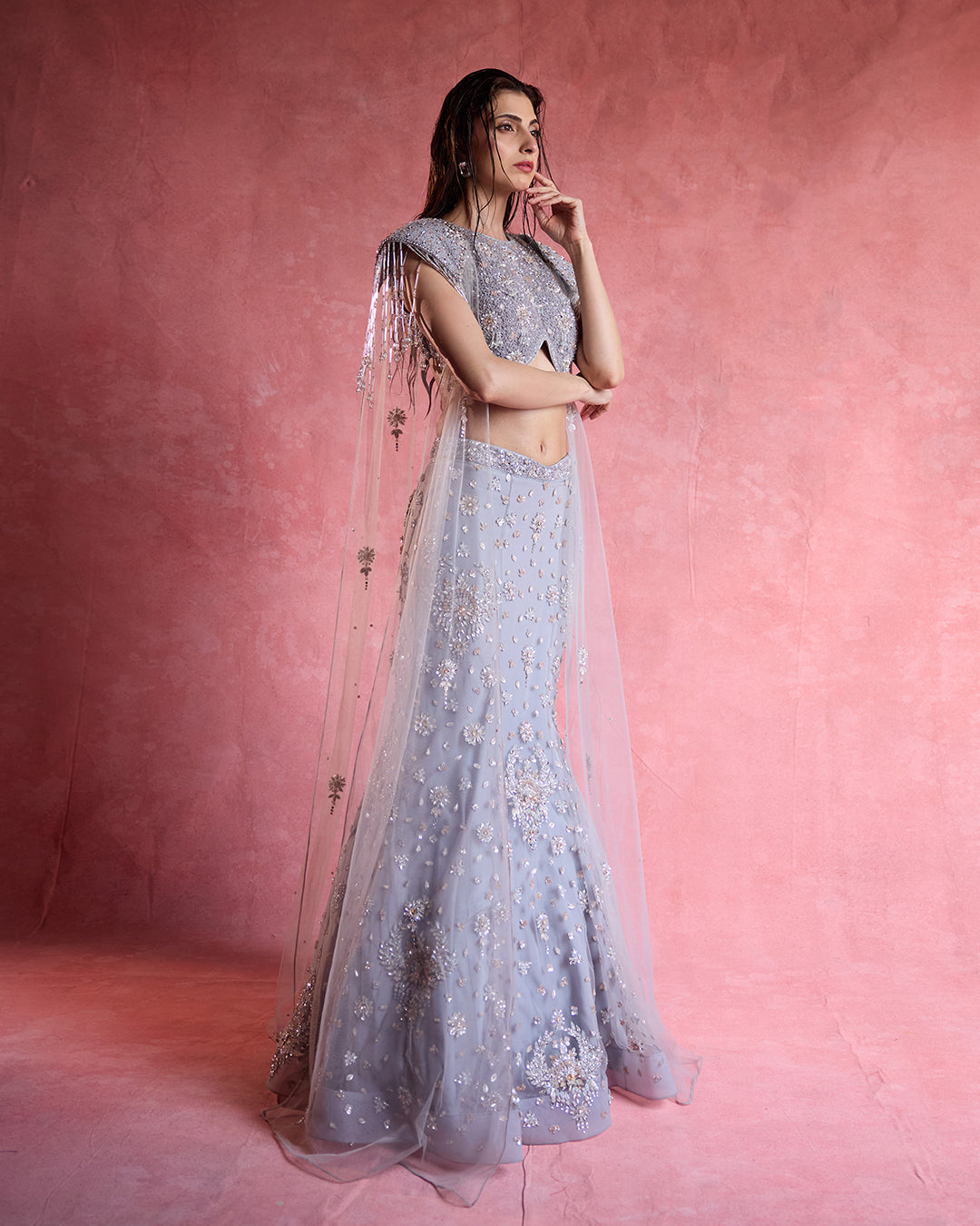 Pari Grey Cape Lehenga Set, Roop Vatika by Raj Arora