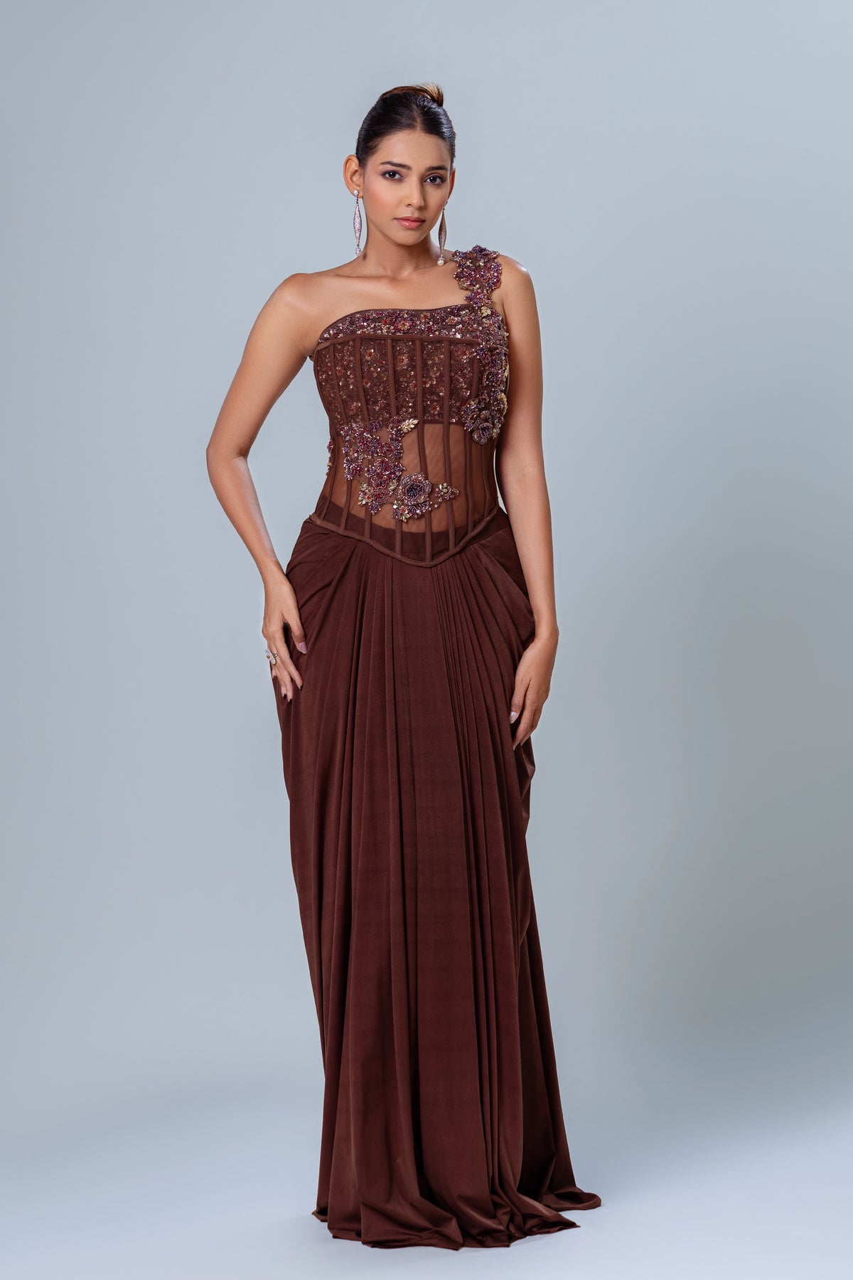 Qahwa Espresso One-Shoulder Corset Drape Saree, Roop Vatika by Raj Arora
