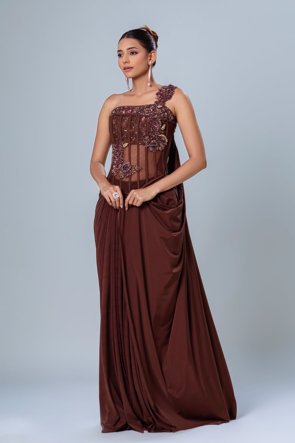 Qahwa Espresso One-Shoulder Corset Drape Saree, Roop Vatika by Raj Arora