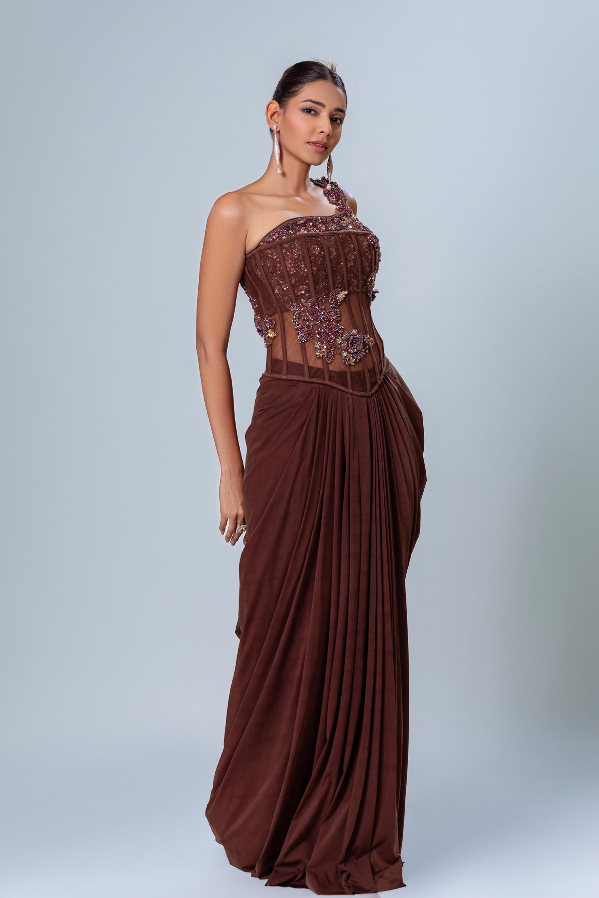 Qahwa Espresso One-Shoulder Corset Drape Saree, Roop Vatika by Raj Arora