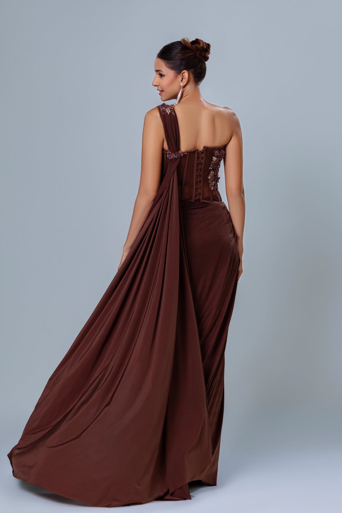 Qahwa Espresso One-Shoulder Corset Drape Saree, Roop Vatika by Raj Arora