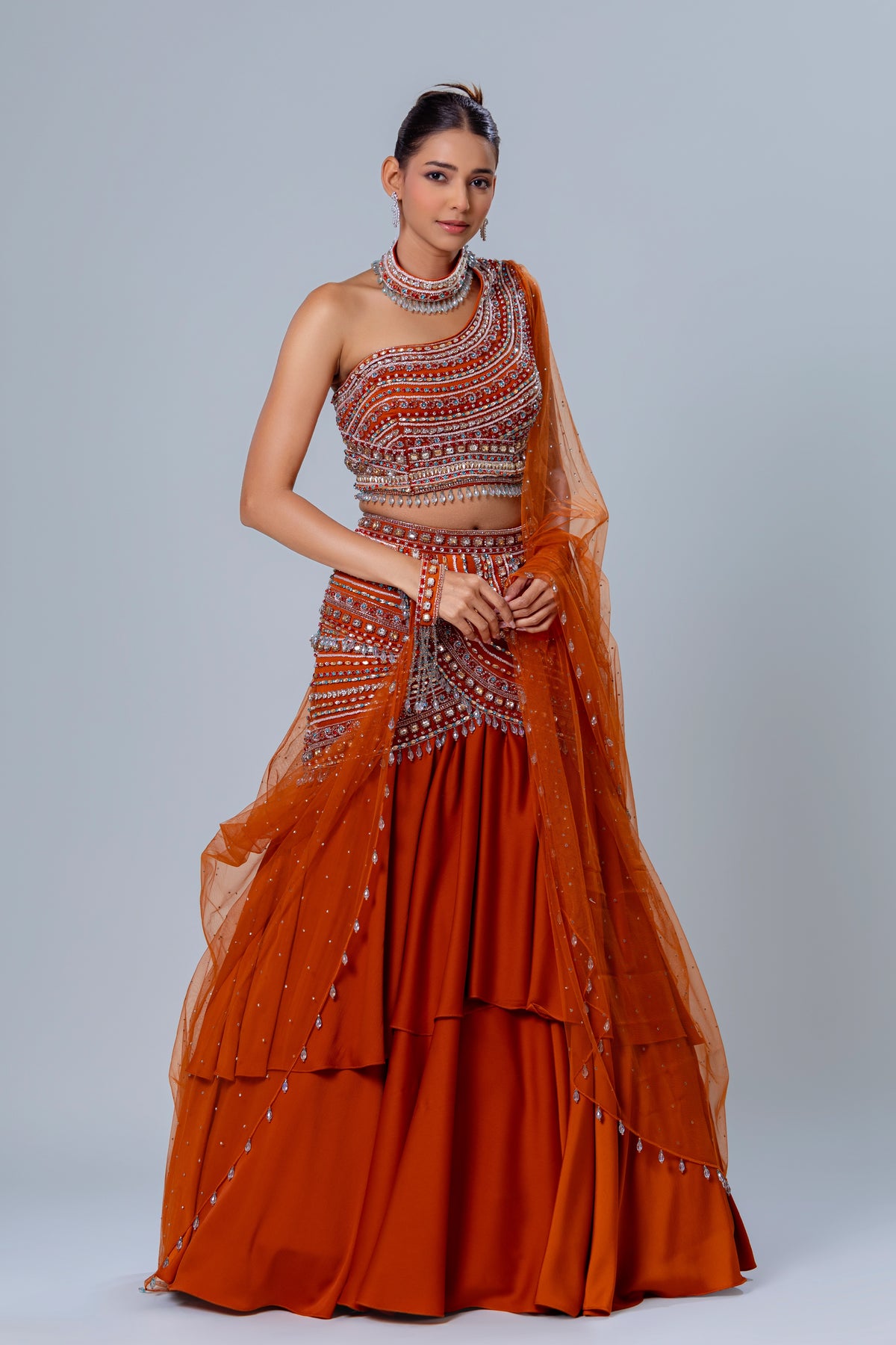 Maahera Rust One-Shoulder Skirt Set