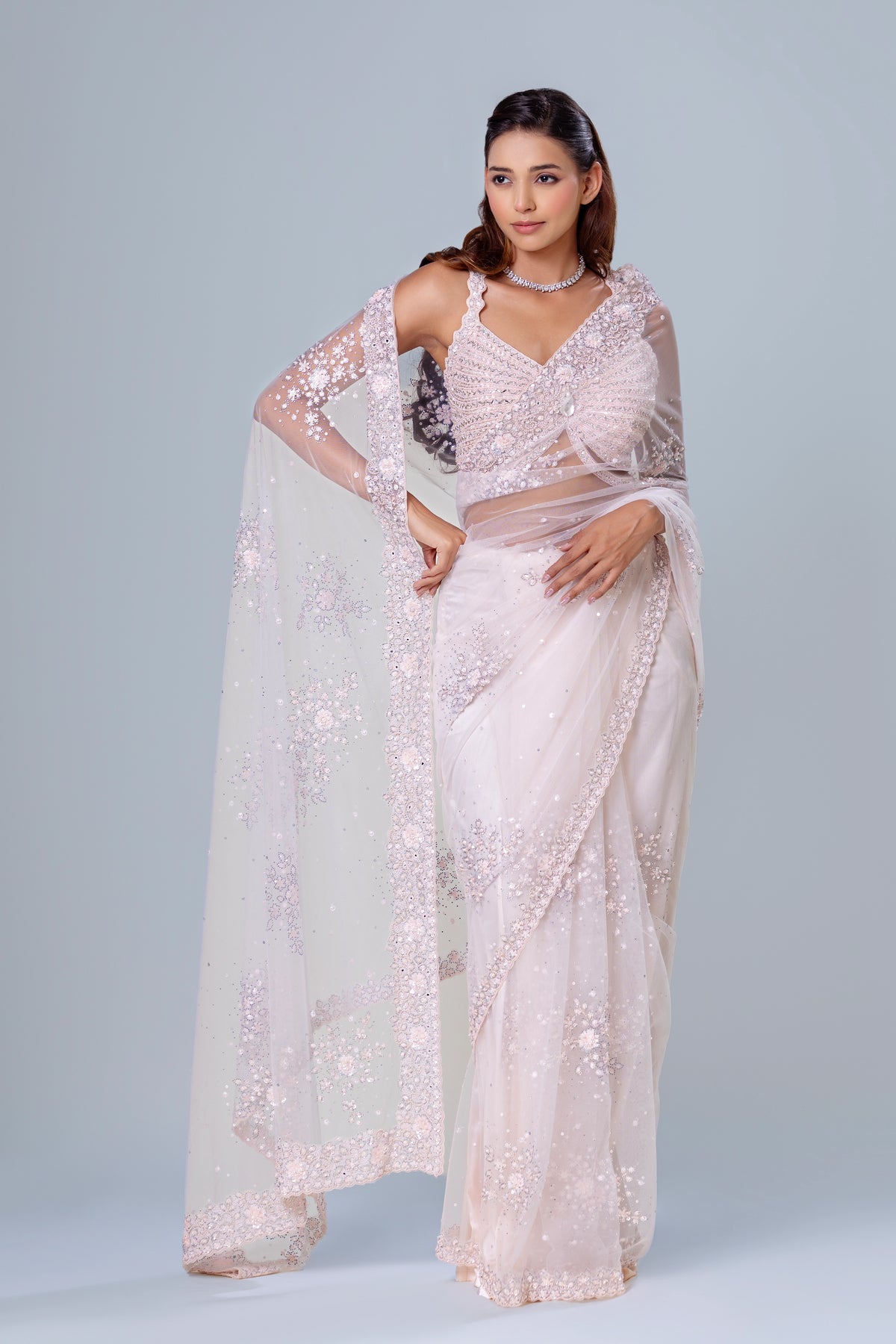 Shireen Soft Pink Floral Net Saree Set, Roop Vatika by Raj Arora