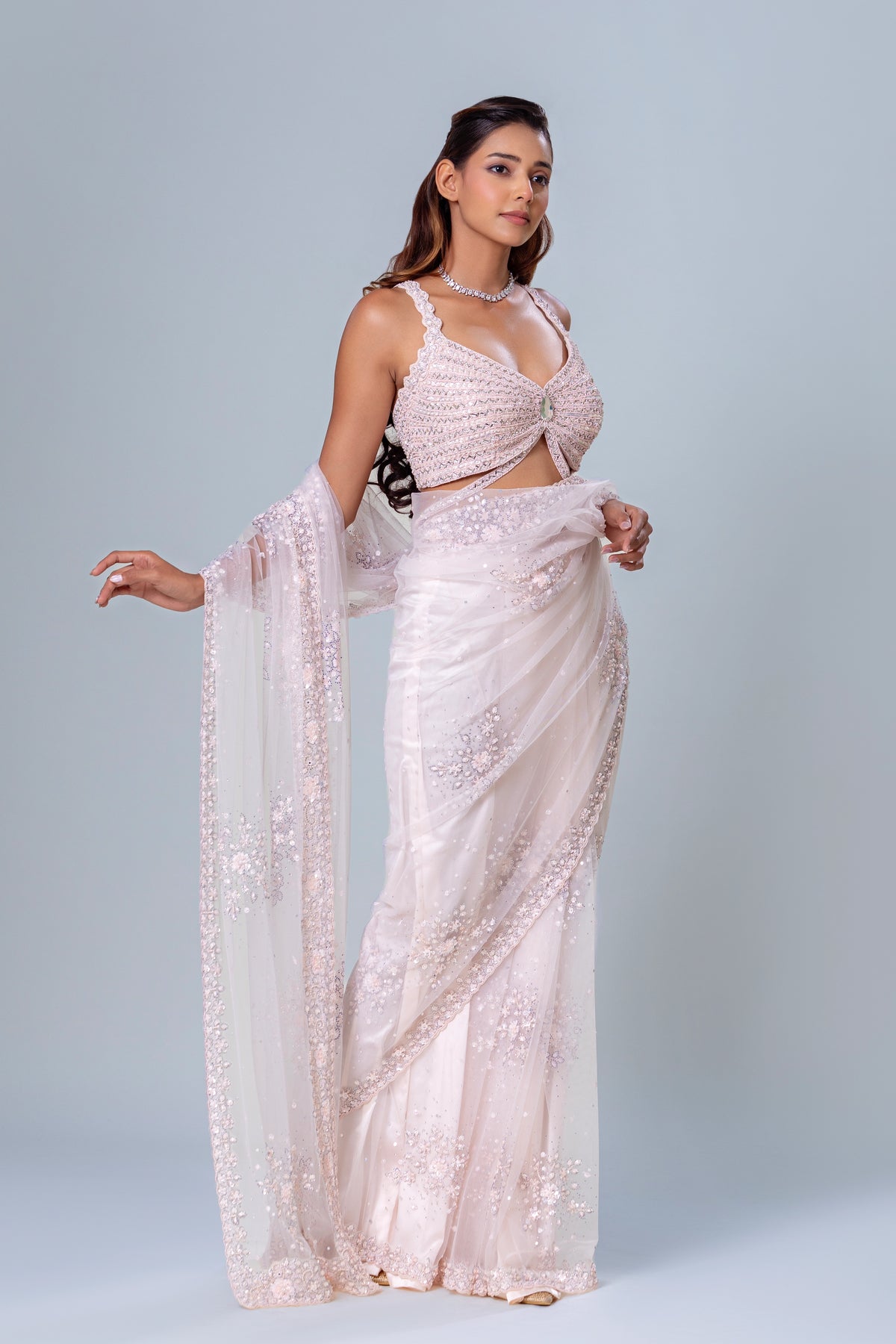 Shireen Soft Pink Floral Net Saree Set, Roop Vatika by Raj Arora