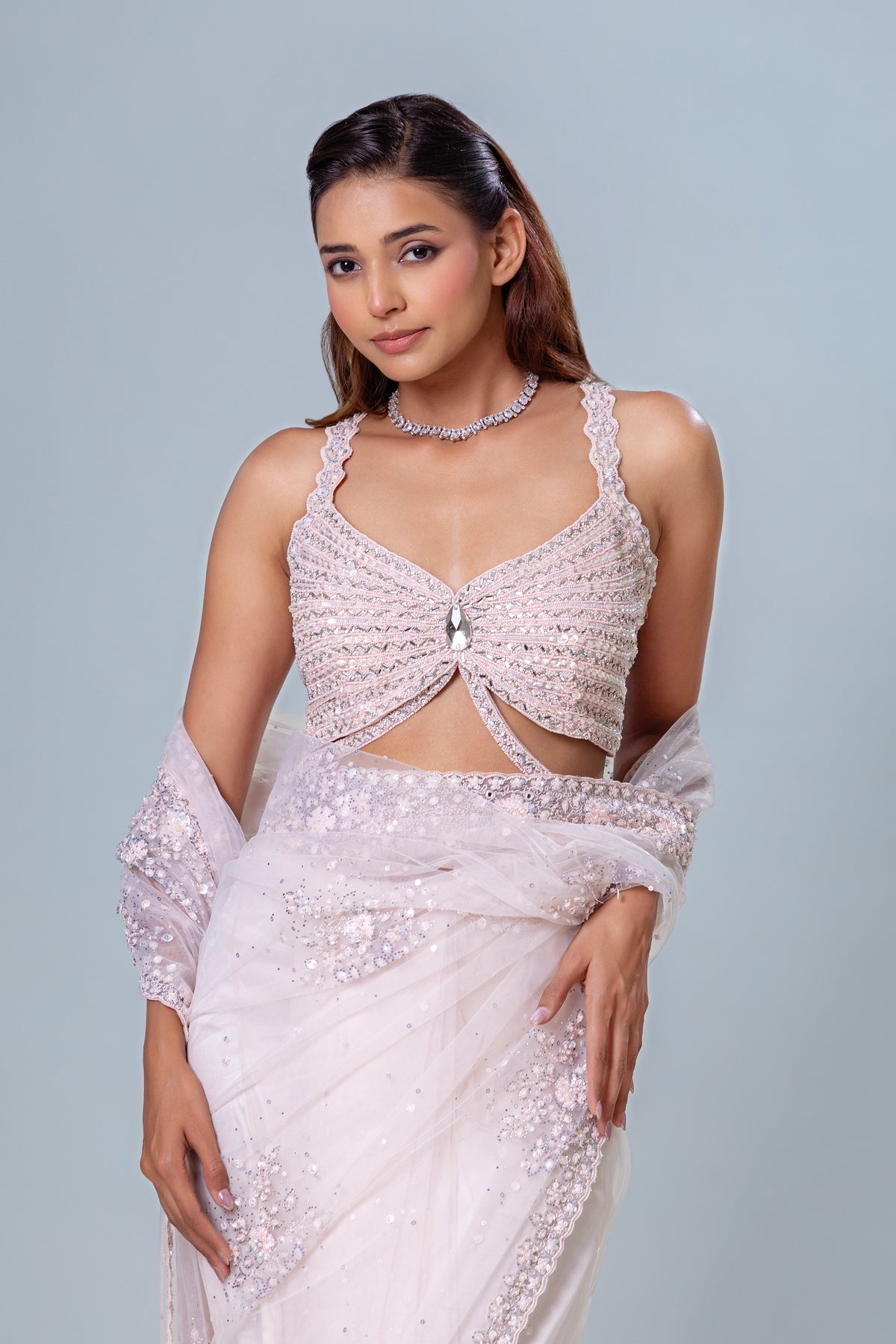Shireen Soft Pink Floral Net Saree Set, Roop Vatika by Raj Arora