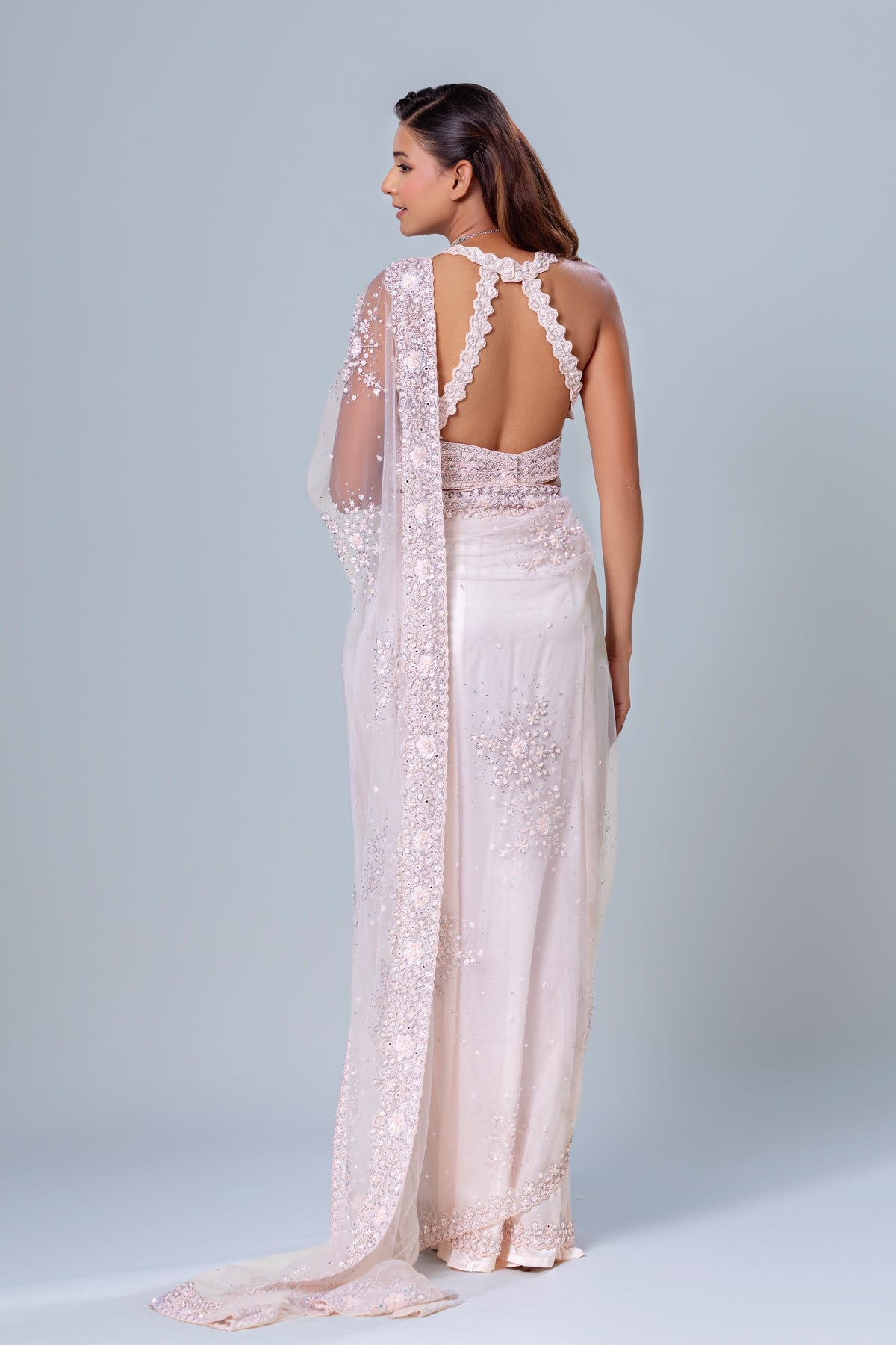 Shireen Soft Pink Floral Net Saree Set, Roop Vatika by Raj Arora
