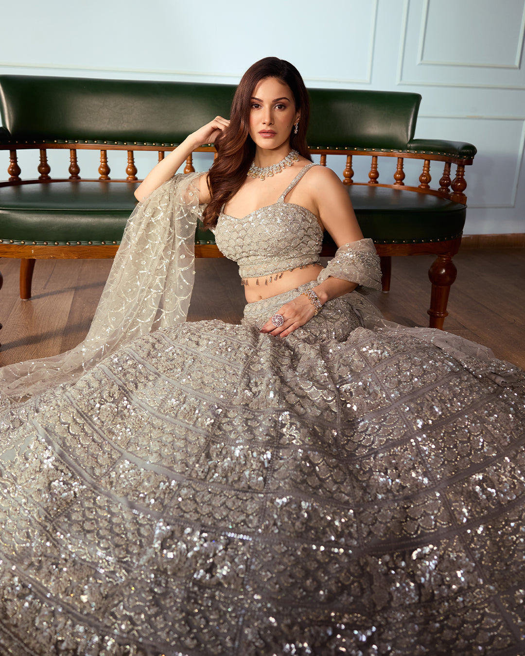 Simin Grey Sequin Lehenga Set, Roop Vatika by Raj Arora