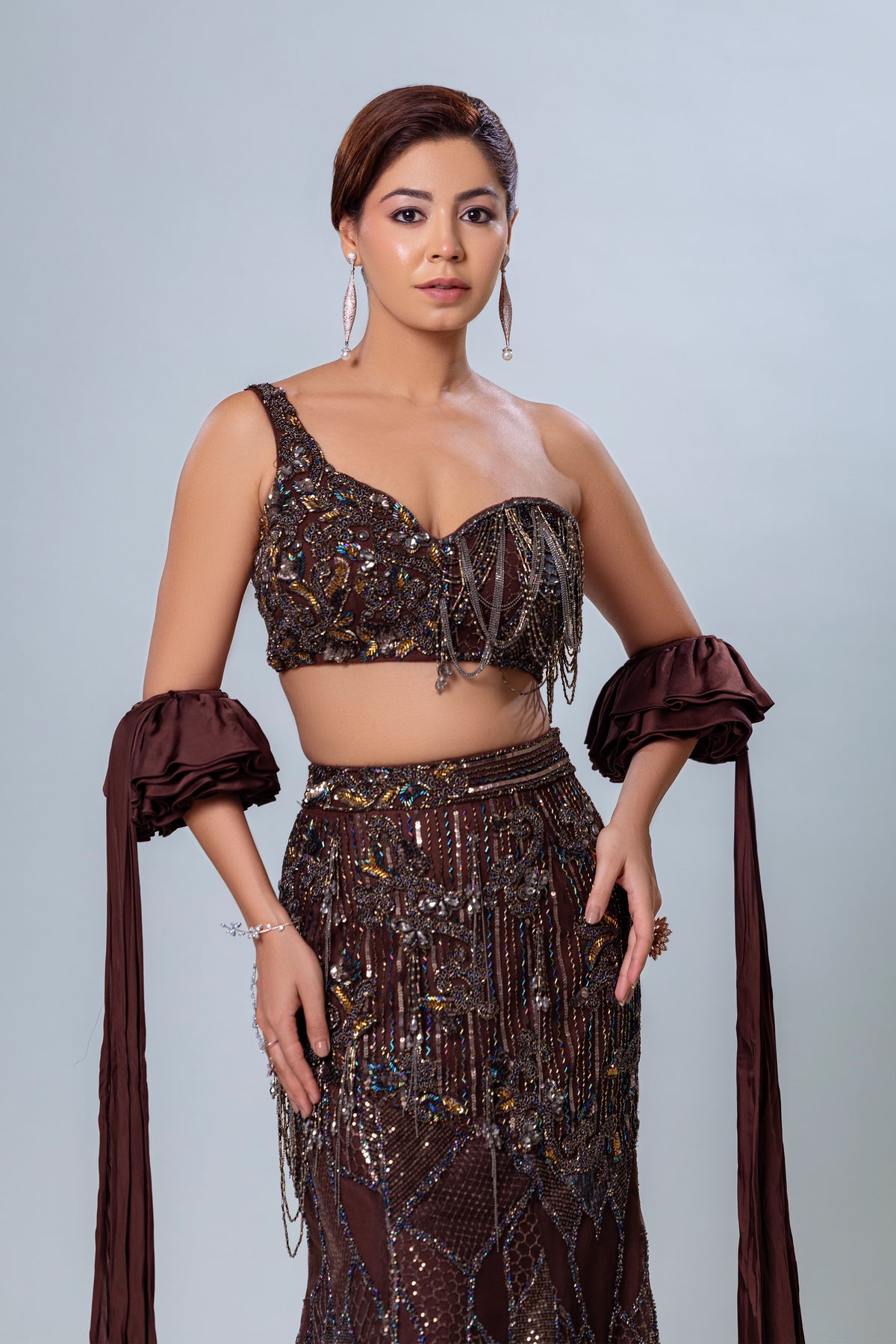 Fishcut skirt with short blouse and ruffle dupatta
