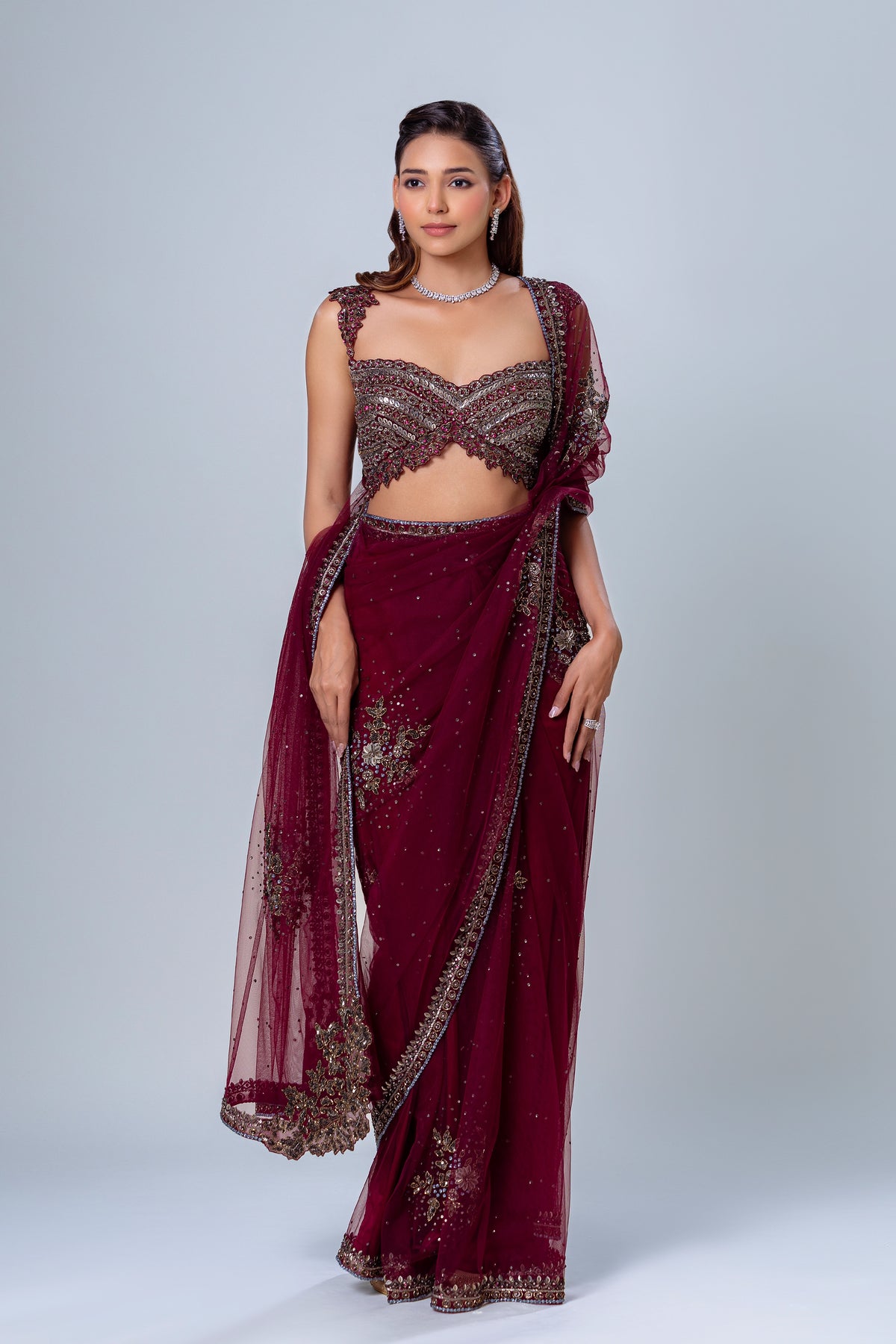 Unnabi Wine Embroidered Net Saree Set, Roop Vatika by Raj Arora