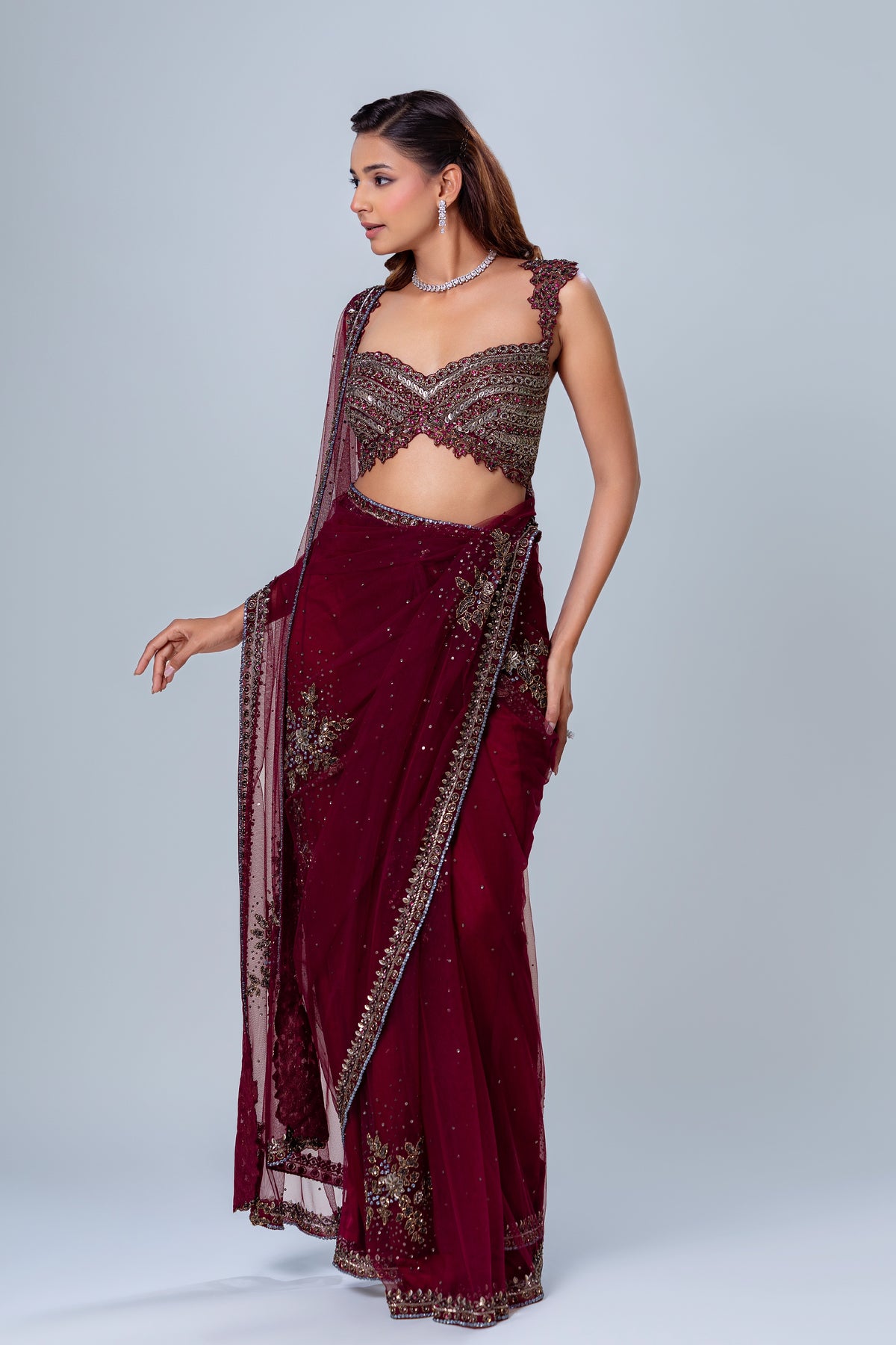 Unnabi Wine Embroidered Net Saree Set, Roop Vatika by Raj Arora