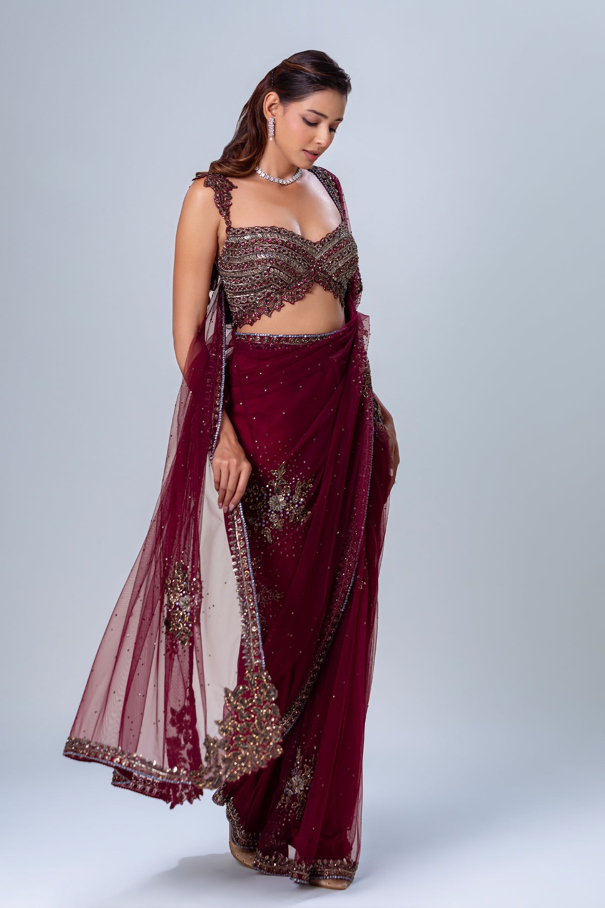 Unnabi Wine Embroidered Net Saree Set, Roop Vatika by Raj Arora