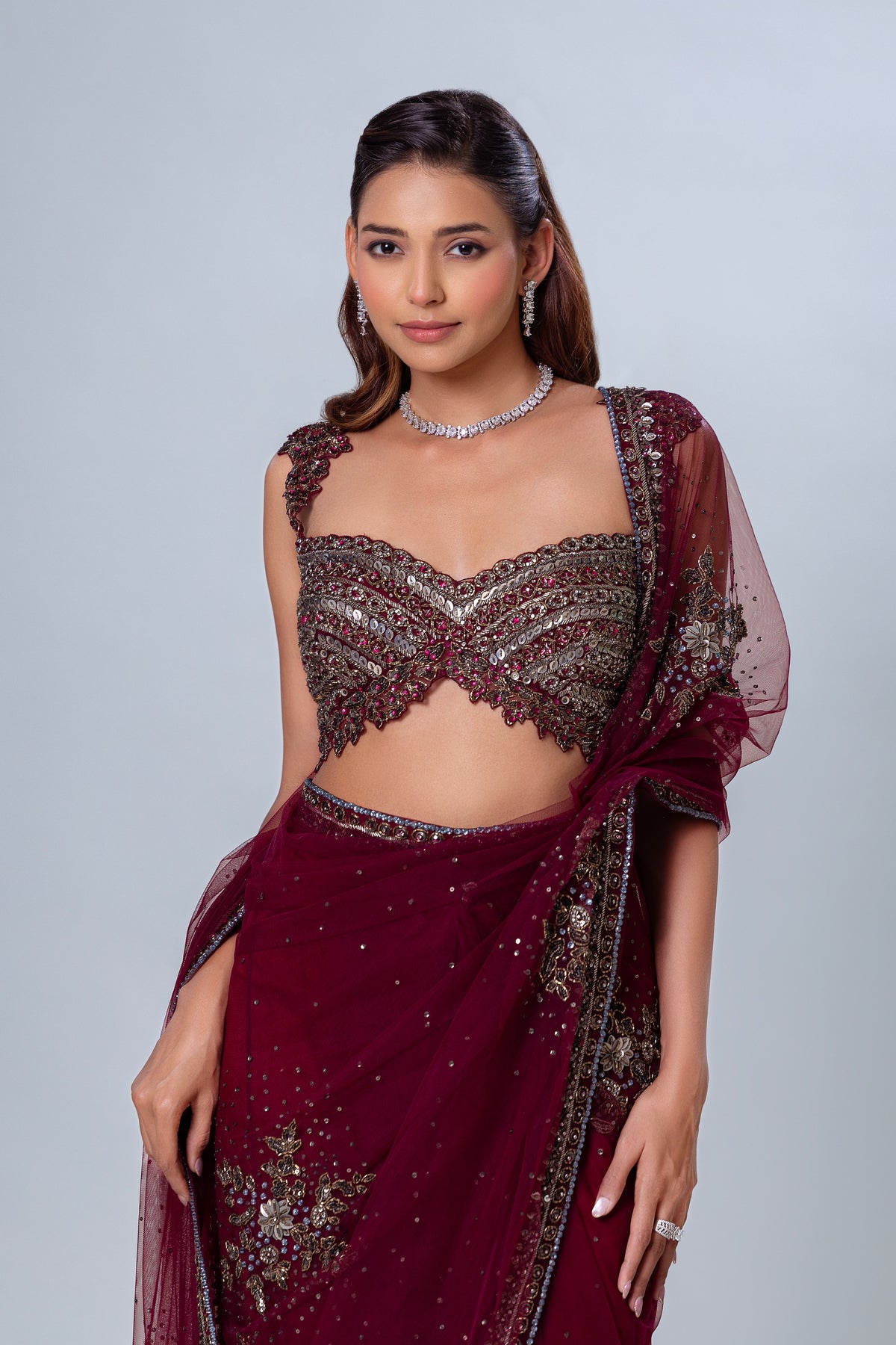 Unnabi Wine Embroidered Net Saree Set, Roop Vatika by Raj Arora