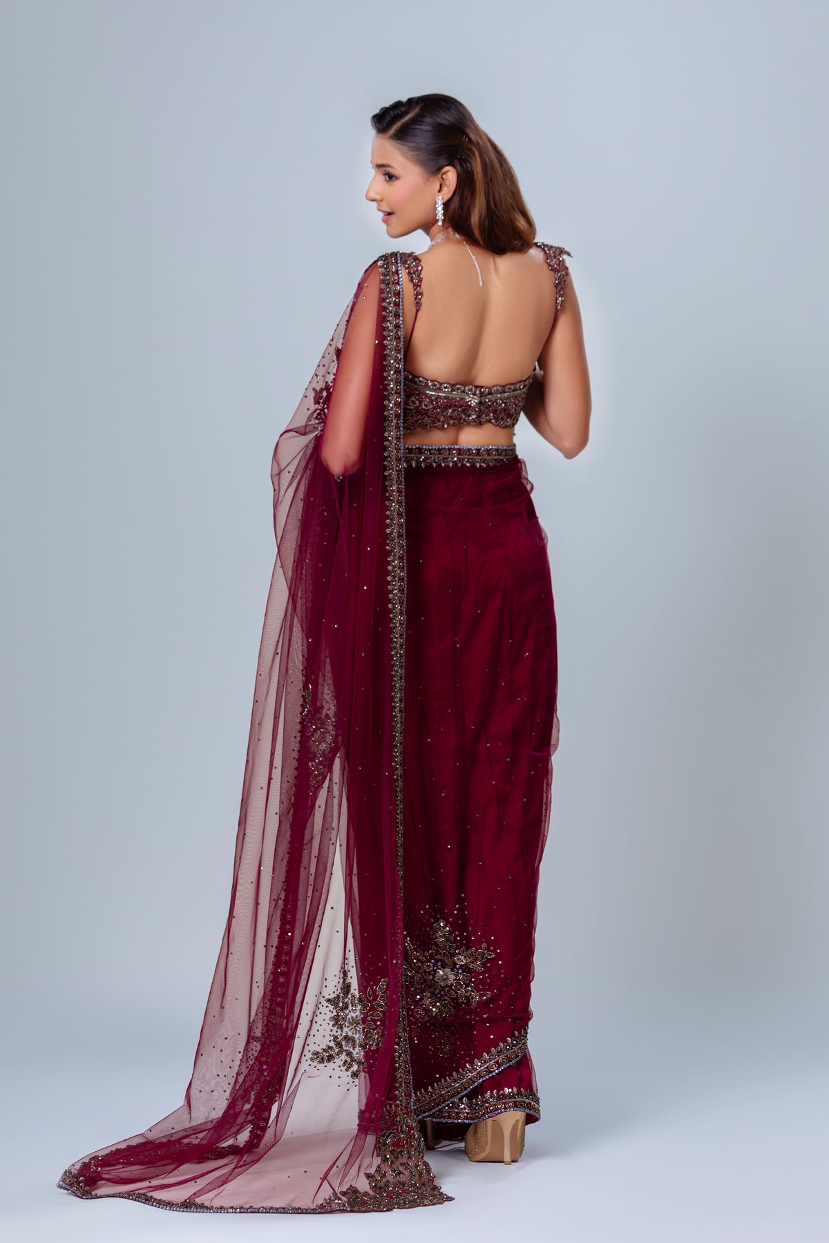 Unnabi Wine Embroidered Net Saree Set, Roop Vatika by Raj Arora