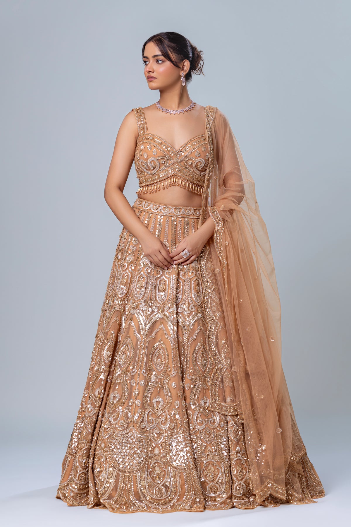 Zarnaaz Sand Brown Scalloped Lehenga Set, Roop Vatika by Raj Arora