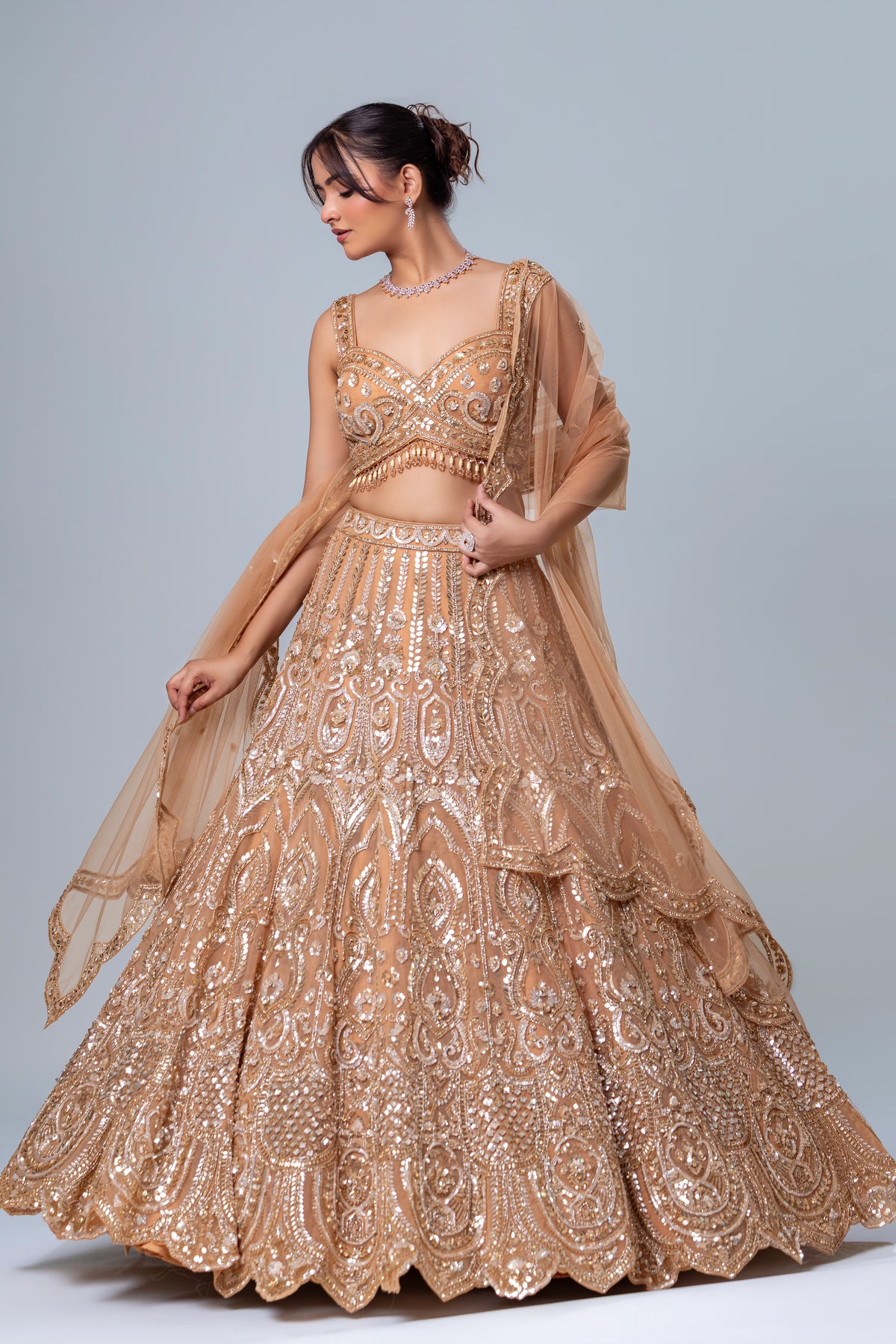 Zarnaaz Sand Brown Scalloped Lehenga Set, Roop Vatika by Raj Arora