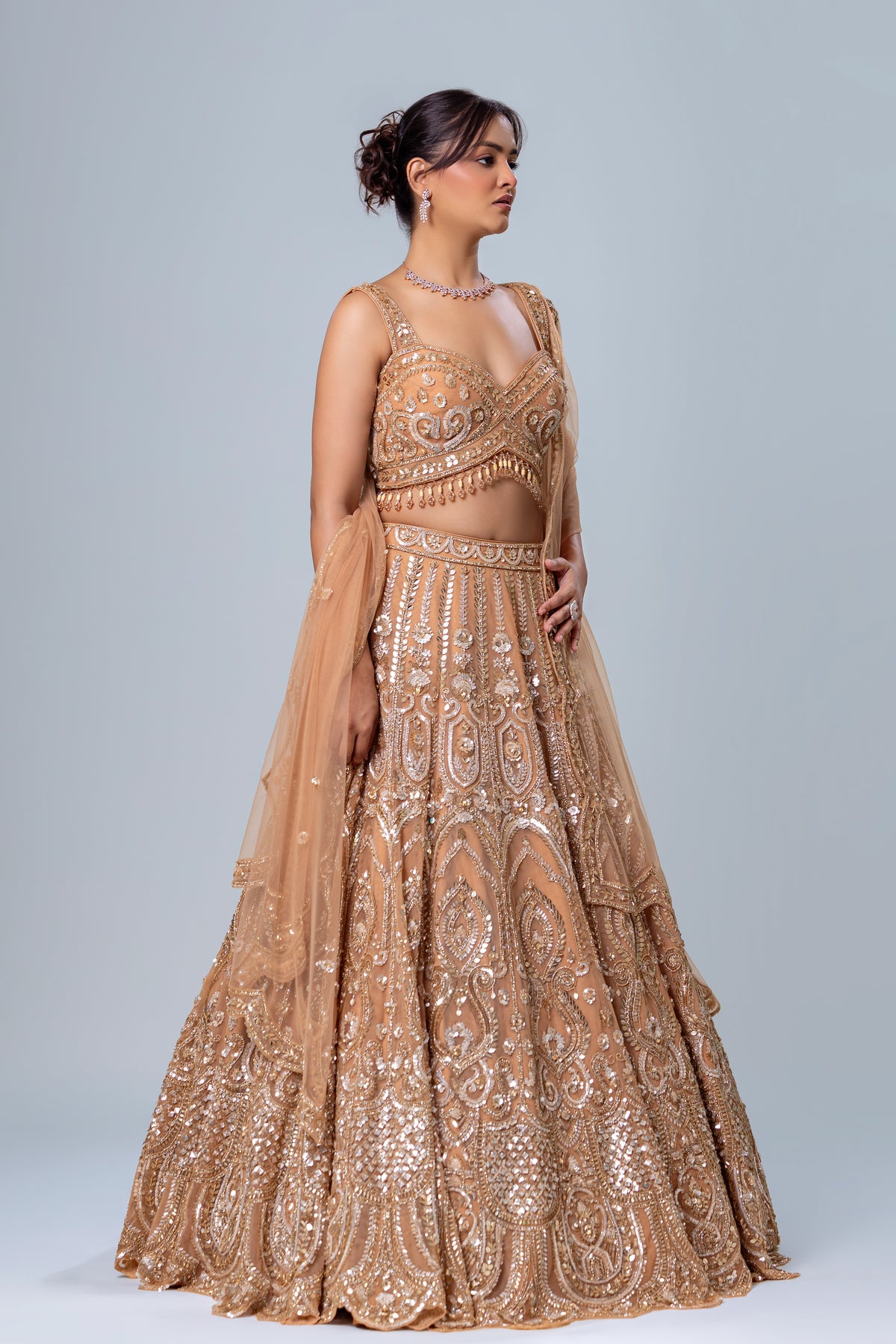 Zarnaaz Sand Brown Scalloped Lehenga Set, Roop Vatika by Raj Arora