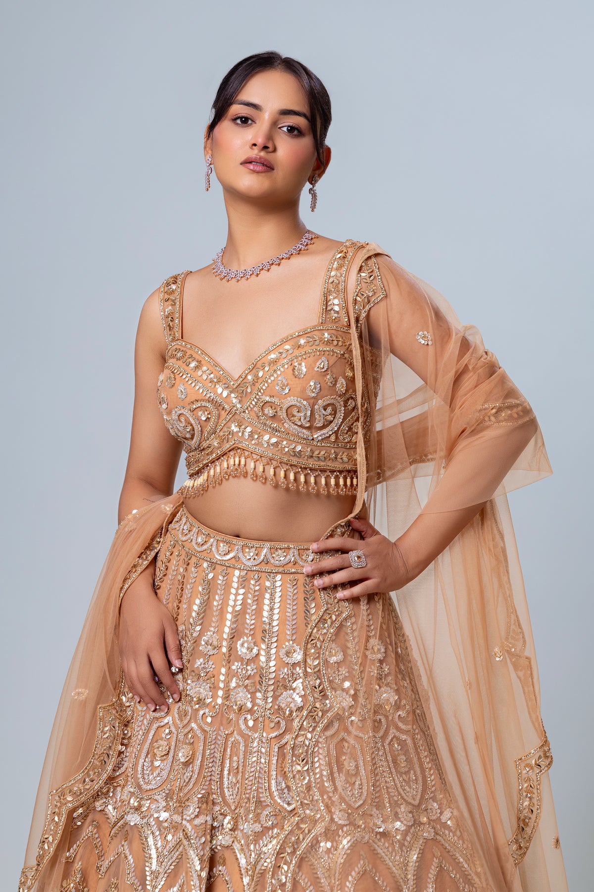 Zarnaaz Sand Brown Scalloped Lehenga Set, Roop Vatika by Raj Arora