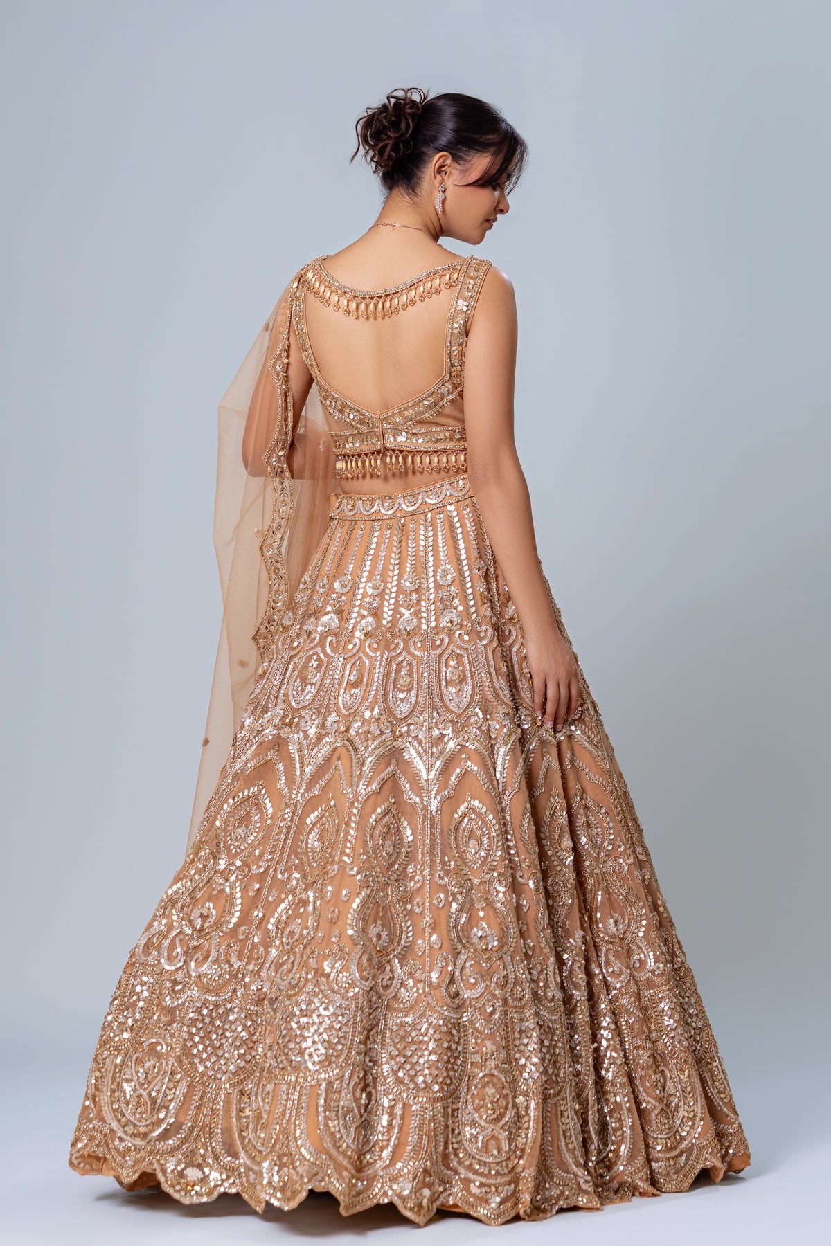 Zarnaaz Sand Brown Scalloped Lehenga Set, Roop Vatika by Raj Arora